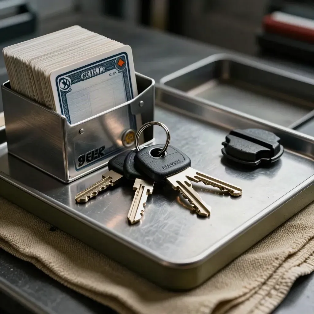 Tankkarten, Autoschlüssel und Tankdeckel auf dunkler Werkbank im Werkstattlicht.