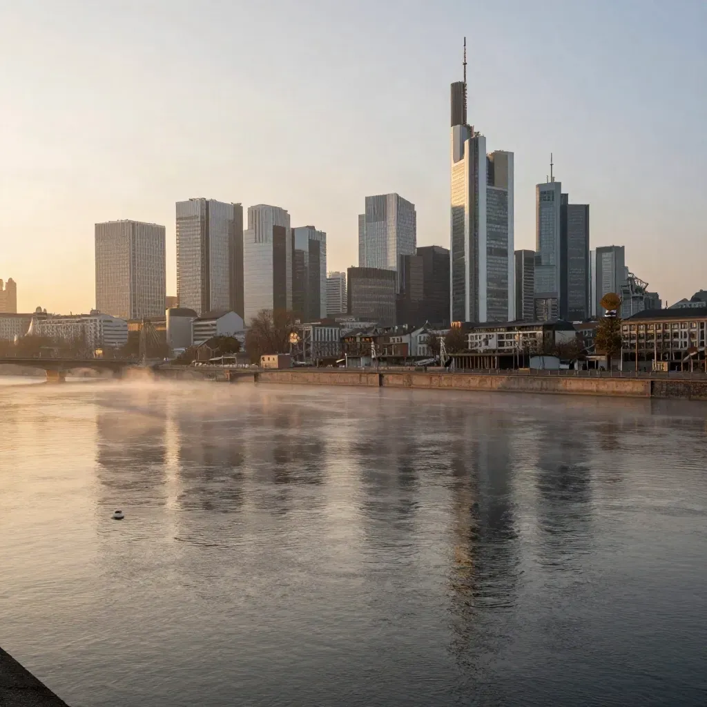 Frankfurter Skyline über dem Main im goldenen Morgennebel, ruhige Wasserfläche darunter.