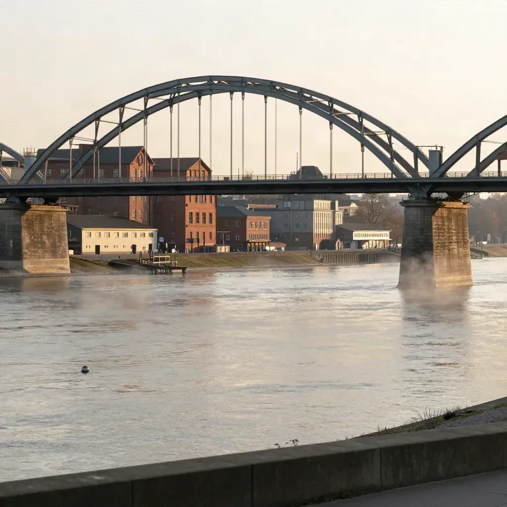 Rhein-Ruhr im Abendlicht mit Brückenbogen, Industriearchitektur und ruhigem Fluss.